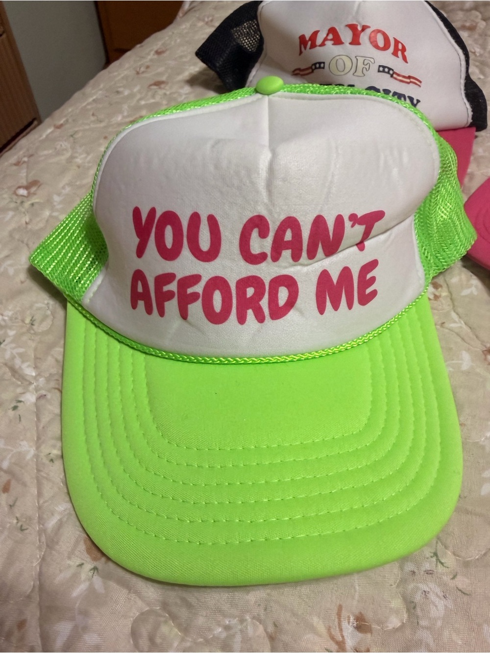 & Other Stories Neon Green and Pink Kids Trucker Hat - "YOU CAN'T AFFORD ME"